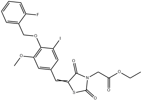 ethyl (5-{4-[(2-fluorobenzyl)oxy]-3-iodo-5-methoxybenzylidene}-2,4-dioxo-1,3-thiazolidin-3-yl)acetate Struktur