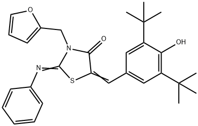 5-(3,5-ditert-butyl-4-hydroxybenzylidene)-3-(2-furylmethyl)-2-(phenylimino)-1,3-thiazolidin-4-one Struktur