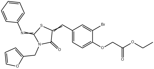 ethyl (2-bromo-4-{[3-(2-furylmethyl)-4-oxo-2-(phenylimino)-1,3-thiazolidin-5-ylidene]methyl}phenoxy)acetate Struktur