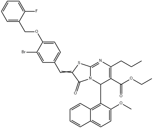 ethyl 2-{3-bromo-4-[(2-fluorobenzyl)oxy]benzylidene}-5-(2-methoxy-1-naphthyl)-3-oxo-7-propyl-2,3-dihydro-5H-[1,3]thiazolo[3,2-a]pyrimidine-6-carboxylate Struktur