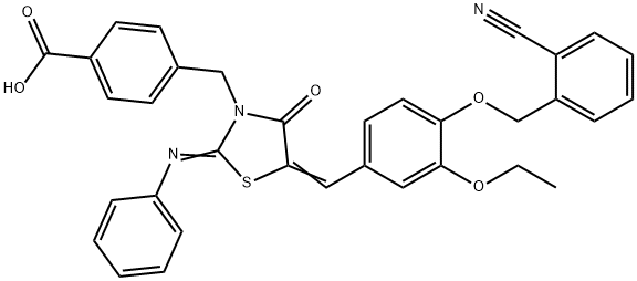 4-{[5-{4-[(2-cyanobenzyl)oxy]-3-ethoxybenzylidene}-4-oxo-2-(phenylimino)-1,3-thiazolidin-3-yl]methyl}benzoic acid Struktur