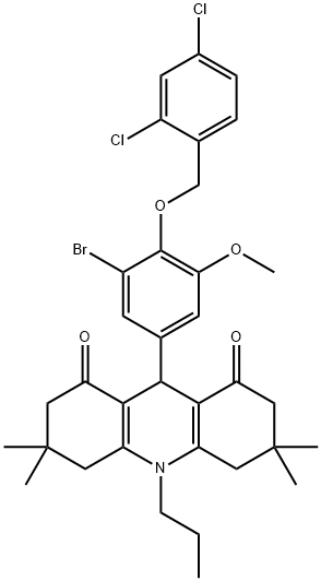 9-{3-bromo-4-[(2,4-dichlorobenzyl)oxy]-5-methoxyphenyl}-3,3,6,6-tetramethyl-10-propyl-3,4,6,7,9,10-hexahydro-1,8(2H,5H)-acridinedione Struktur