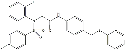 2-{2-fluoro[(4-methylphenyl)sulfonyl]anilino}-N-{2-methyl-4-[(phenylsulfanyl)methyl]phenyl}acetamide Struktur