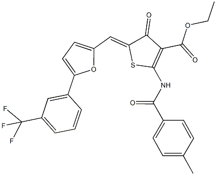 ethyl 2-[(4-methylbenzoyl)amino]-4-oxo-5-({5-[3-(trifluoromethyl)phenyl]-2-furyl}methylene)-4,5-dihydro-3-thiophenecarboxylate Struktur