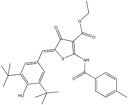 ethyl 5-(3,5-ditert-butyl-4-hydroxybenzylidene)-2-[(4-methylbenzoyl)amino]-4-oxo-4,5-dihydrothiophene-3-carboxylate Struktur