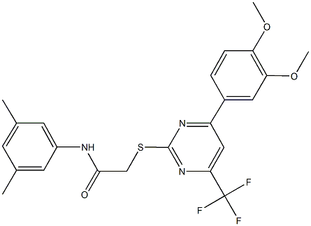 2-{[4-(3,4-dimethoxyphenyl)-6-(trifluoromethyl)-2-pyrimidinyl]sulfanyl}-N-(3,5-dimethylphenyl)acetamide Struktur