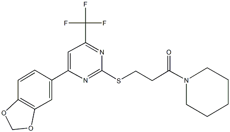 4-(1,3-benzodioxol-5-yl)-2-{[3-oxo-3-(1-piperidinyl)propyl]sulfanyl}-6-(trifluoromethyl)pyrimidine Struktur