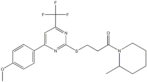 4-(4-methoxyphenyl)-2-{[3-(2-methyl-1-piperidinyl)-3-oxopropyl]sulfanyl}-6-(trifluoromethyl)pyrimidine Struktur