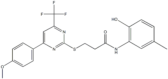 N-(2-hydroxy-5-methylphenyl)-3-{[4-(4-methoxyphenyl)-6-(trifluoromethyl)-2-pyrimidinyl]sulfanyl}propanamide Struktur