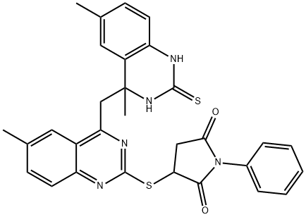 3-({4-[(4,6-dimethyl-2-sulfanyl-3,4-dihydroquinazolin-4-yl)methyl]-6-methylquinazolin-2-yl}sulfanyl)-1-phenylpyrrolidine-2,5-dione Struktur