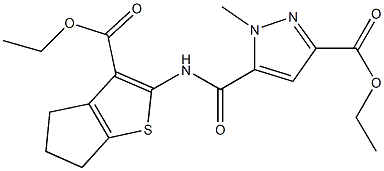 ethyl 5-({[3-(ethoxycarbonyl)-5,6-dihydro-4H-cyclopenta[b]thien-2-yl]amino}carbonyl)-1-methyl-1H-pyrazole-3-carboxylate Struktur