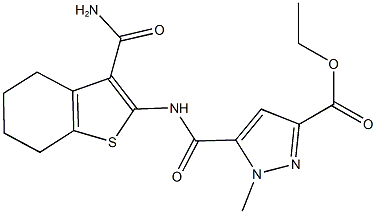 ethyl 5-({[3-(aminocarbonyl)-4,5,6,7-tetrahydro-1-benzothien-2-yl]amino}carbonyl)-1-methyl-1H-pyrazole-3-carboxylate Struktur