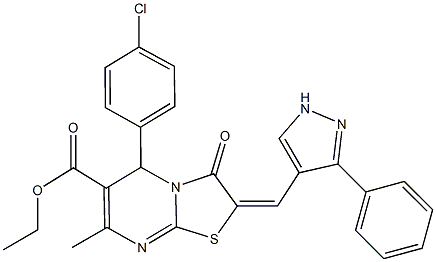 ethyl 5-(4-chlorophenyl)-7-methyl-3-oxo-2-[(3-phenyl-1H-pyrazol-4-yl)methylene]-2,3-dihydro-5H-[1,3]thiazolo[3,2-a]pyrimidine-6-carboxylate Struktur