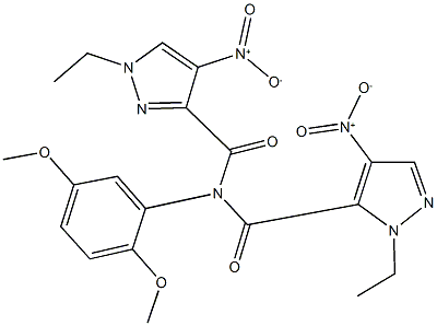 N-(2,5-dimethoxyphenyl)-1-ethyl-N-({1-ethyl-4-nitro-1H-pyrazol-5-yl}carbonyl)-4-nitro-1H-pyrazole-3-carboxamide Struktur