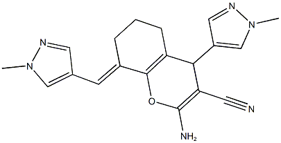 2-amino-4-(1-methyl-1H-pyrazol-4-yl)-8-[(1-methyl-1H-pyrazol-4-yl)methylene]-5,6,7,8-tetrahydro-4H-chromene-3-carbonitrile Struktur