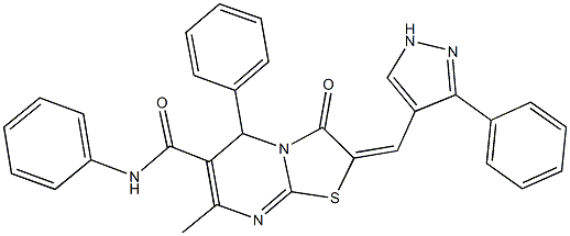 7-methyl-3-oxo-N,5-diphenyl-2-[(3-phenyl-1H-pyrazol-4-yl)methylene]-2,3-dihydro-5H-[1,3]thiazolo[3,2-a]pyrimidine-6-carboxamide Struktur