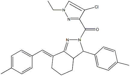 2-[(4-chloro-1-ethyl-1H-pyrazol-3-yl)carbonyl]-7-(4-methylbenzylidene)-3-(4-methylphenyl)-3,3a,4,5,6,7-hexahydro-2H-indazole Struktur