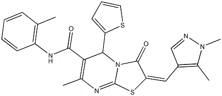 2-[(1,5-dimethyl-1H-pyrazol-4-yl)methylene]-7-methyl-N-(2-methylphenyl)-3-oxo-5-(2-thienyl)-2,3-dihydro-5H-[1,3]thiazolo[3,2-a]pyrimidine-6-carboxamide Struktur