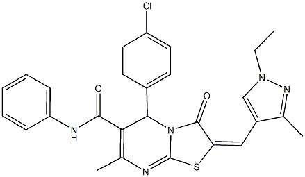 5-(4-chlorophenyl)-2-[(1-ethyl-3-methyl-1H-pyrazol-4-yl)methylene]-7-methyl-3-oxo-N-phenyl-2,3-dihydro-5H-[1,3]thiazolo[3,2-a]pyrimidine-6-carboxamide Struktur