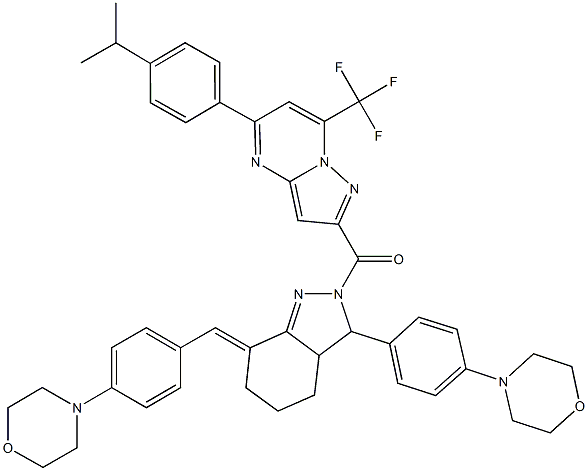 5-(4-isopropylphenyl)-2-({7-[4-(4-morpholinyl)benzylidene]-3-[4-(4-morpholinyl)phenyl]-3,3a,4,5,6,7-hexahydro-2H-indazol-2-yl}carbonyl)-7-(trifluoromethyl)pyrazolo[1,5-a]pyrimidine Struktur