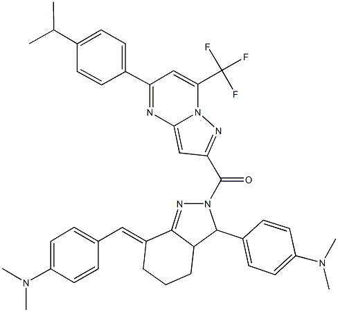 4-(7-[4-(dimethylamino)benzylidene]-2-{[5-(4-isopropylphenyl)-7-(trifluoromethyl)pyrazolo[1,5-a]pyrimidin-2-yl]carbonyl}-3,3a,4,5,6,7-hexahydro-2H-indazol-3-yl)-N,N-dimethylaniline Struktur