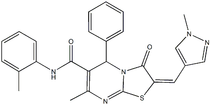 7-methyl-N-(2-methylphenyl)-2-[(1-methyl-1H-pyrazol-4-yl)methylene]-3-oxo-5-phenyl-2,3-dihydro-5H-[1,3]thiazolo[3,2-a]pyrimidine-6-carboxamide Struktur