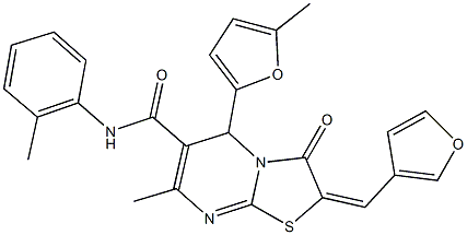 2-(3-furylmethylene)-7-methyl-5-(5-methyl-2-furyl)-N-(2-methylphenyl)-3-oxo-2,3-dihydro-5H-[1,3]thiazolo[3,2-a]pyrimidine-6-carboxamide Struktur