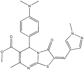 methyl 5-[4-(dimethylamino)phenyl]-7-methyl-2-[(1-methyl-1H-pyrazol-4-yl)methylene]-3-oxo-2,3-dihydro-5H-[1,3]thiazolo[3,2-a]pyrimidine-6-carboxylate Struktur