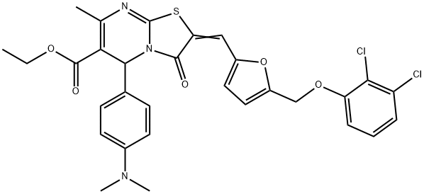 ethyl 2-({5-[(2,3-dichlorophenoxy)methyl]-2-furyl}methylene)-5-[4-(dimethylamino)phenyl]-7-methyl-3-oxo-2,3-dihydro-5H-[1,3]thiazolo[3,2-a]pyrimidine-6-carboxylate Struktur