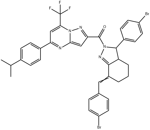 2-{[7-(4-bromobenzylidene)-3-(4-bromophenyl)-3,3a,4,5,6,7-hexahydro-2H-indazol-2-yl]carbonyl}-5-(4-isopropylphenyl)-7-(trifluoromethyl)pyrazolo[1,5-a]pyrimidine Struktur