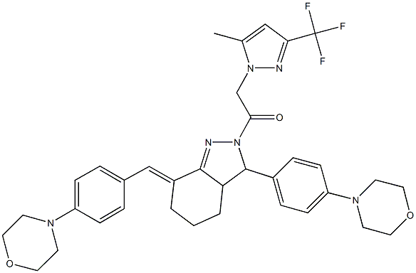 2-{[5-methyl-3-(trifluoromethyl)-1H-pyrazol-1-yl]acetyl}-7-[4-(4-morpholinyl)benzylidene]-3-[4-(4-morpholinyl)phenyl]-3,3a,4,5,6,7-hexahydro-2H-indazole Struktur