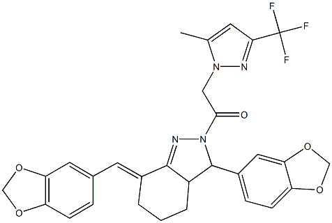 3-(1,3-benzodioxol-5-yl)-7-(1,3-benzodioxol-5-ylmethylene)-2-{[5-methyl-3-(trifluoromethyl)-1H-pyrazol-1-yl]acetyl}-3,3a,4,5,6,7-hexahydro-2H-indazole Struktur