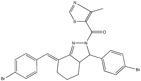 7-(4-bromobenzylidene)-3-(4-bromophenyl)-2-[(4-methyl-1,3-thiazol-5-yl)carbonyl]-3,3a,4,5,6,7-hexahydro-2H-indazole Struktur