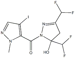 3,5-bis(difluoromethyl)-1-[(4-iodo-1-methyl-1H-pyrazol-5-yl)carbonyl]-4,5-dihydro-1H-pyrazol-5-ol Struktur