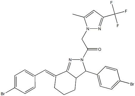 7-(4-bromobenzylidene)-3-(4-bromophenyl)-2-{[5-methyl-3-(trifluoromethyl)-1H-pyrazol-1-yl]acetyl}-3,3a,4,5,6,7-hexahydro-2H-indazole Struktur