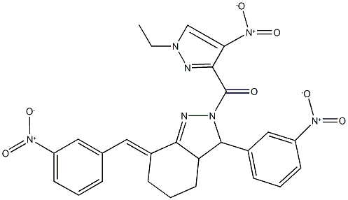 2-({1-ethyl-4-nitro-1H-pyrazol-3-yl}carbonyl)-7-{3-nitrobenzylidene}-3-{3-nitrophenyl}-3,3a,4,5,6,7-hexahydro-2H-indazole Struktur