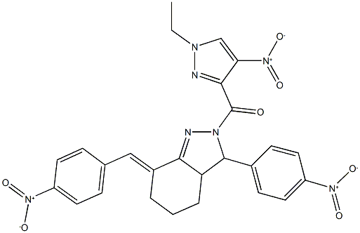 2-({1-ethyl-4-nitro-1H-pyrazol-3-yl}carbonyl)-7-{4-nitrobenzylidene}-3-{4-nitrophenyl}-3,3a,4,5,6,7-hexahydro-2H-indazole Struktur