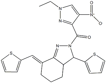 2-({1-ethyl-4-nitro-1H-pyrazol-3-yl}carbonyl)-3-(2-thienyl)-7-(2-thienylmethylene)-3,3a,4,5,6,7-hexahydro-2H-indazole Struktur