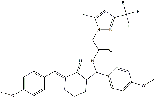 7-(4-methoxybenzylidene)-3-(4-methoxyphenyl)-2-{[5-methyl-3-(trifluoromethyl)-1H-pyrazol-1-yl]acetyl}-3,3a,4,5,6,7-hexahydro-2H-indazole Struktur