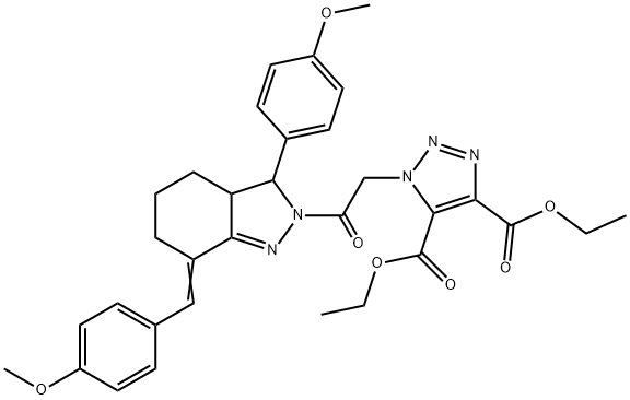 diethyl 1-{2-[7-(4-methoxybenzylidene)-3-(4-methoxyphenyl)-3,3a,4,5,6,7-hexahydro-2H-indazol-2-yl]-2-oxoethyl}-1H-1,2,3-triazole-4,5-dicarboxylate Struktur