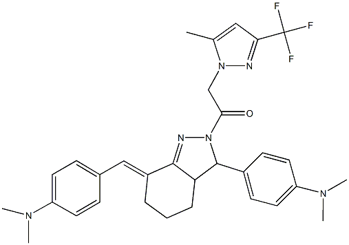 N-[4-(7-[4-(dimethylamino)benzylidene]-2-{[5-methyl-3-(trifluoromethyl)-1H-pyrazol-1-yl]acetyl}-3,3a,4,5,6,7-hexahydro-2H-indazol-3-yl)phenyl]-N,N-dimethylamine Struktur