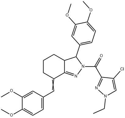 2-[(4-chloro-1-ethyl-1H-pyrazol-3-yl)carbonyl]-7-(3,4-dimethoxybenzylidene)-3-(3,4-dimethoxyphenyl)-3,3a,4,5,6,7-hexahydro-2H-indazole Struktur