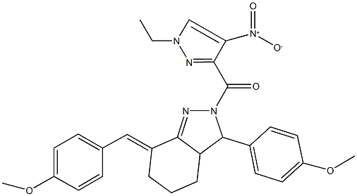 2-({1-ethyl-4-nitro-1H-pyrazol-3-yl}carbonyl)-7-(4-methoxybenzylidene)-3-(4-methoxyphenyl)-3,3a,4,5,6,7-hexahydro-2H-indazole Struktur