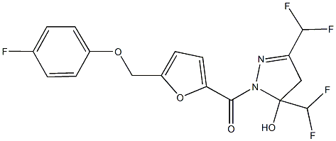 3,5-bis(difluoromethyl)-1-{5-[(4-fluorophenoxy)methyl]-2-furoyl}-4,5-dihydro-1H-pyrazol-5-ol Struktur