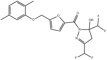 3,5-bis(difluoromethyl)-1-{5-[(2,5-dimethylphenoxy)methyl]-2-furoyl}-4,5-dihydro-1H-pyrazol-5-ol Struktur