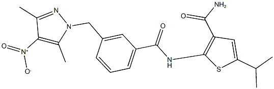 2-{[3-({4-nitro-3,5-dimethyl-1H-pyrazol-1-yl}methyl)benzoyl]amino}-5-isopropyl-3-thiophenecarboxamide Struktur