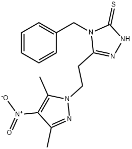 4-benzyl-3-(2-{4-nitro-3,5-dimethyl-1H-pyrazol-1-yl}ethyl)-5-sulfanyl-4H-1,2,4-triazole Struktur