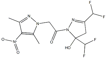 3,5-bis(difluoromethyl)-1-({4-nitro-3,5-dimethyl-1H-pyrazol-1-yl}acetyl)-4,5-dihydro-1H-pyrazol-5-ol Struktur