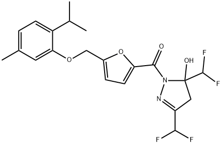 3,5-bis(difluoromethyl)-1-{5-[(2-isopropyl-5-methylphenoxy)methyl]-2-furoyl}-4,5-dihydro-1H-pyrazol-5-ol Struktur