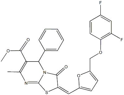 methyl 2-({5-[(2,4-difluorophenoxy)methyl]-2-furyl}methylene)-7-methyl-3-oxo-5-phenyl-2,3-dihydro-5H-[1,3]thiazolo[3,2-a]pyrimidine-6-carboxylate Struktur